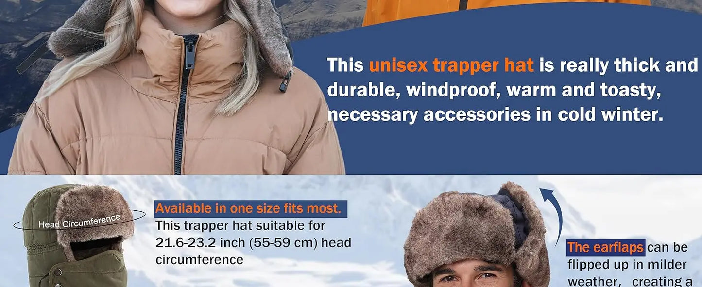 Connectyle Men's Warm Chunky Trapper Hat Removable Windproof Winter Russian Hats with Mask Ushanka Hat