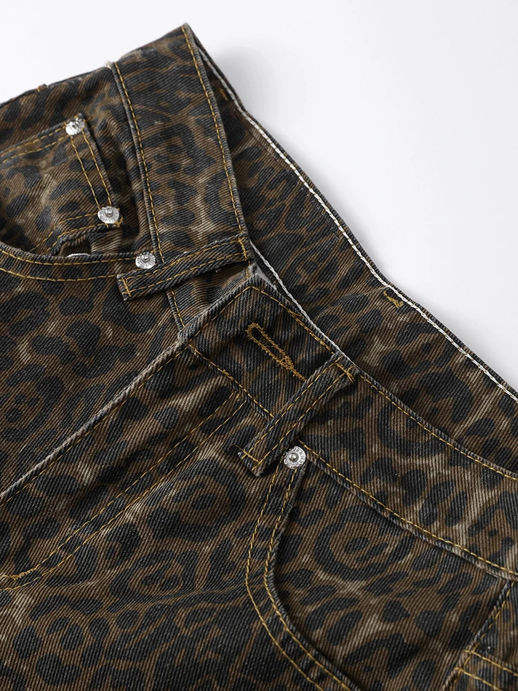 Vintage Leopard Jeans Women Casual Loose High Waist Straight Pants