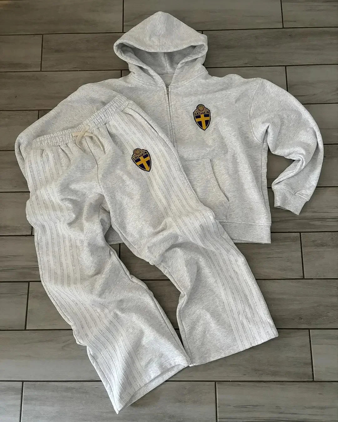 Fashion Retro Stripe Embroidery Zipper Hoodie Sweater Set Men's Two-Piece Set Hip Hood Embroidery Oversized Sweater Men's Set