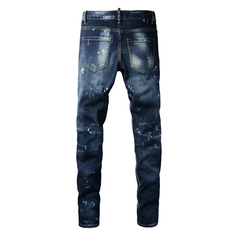 Men Holes Patchwork Denim Jeans Streetwear Dark Blue Stretch Pants Painted