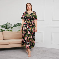 High Waist Plus Size Dresses Women V-Neck Mid Length Dress Elegant Printed Fashion