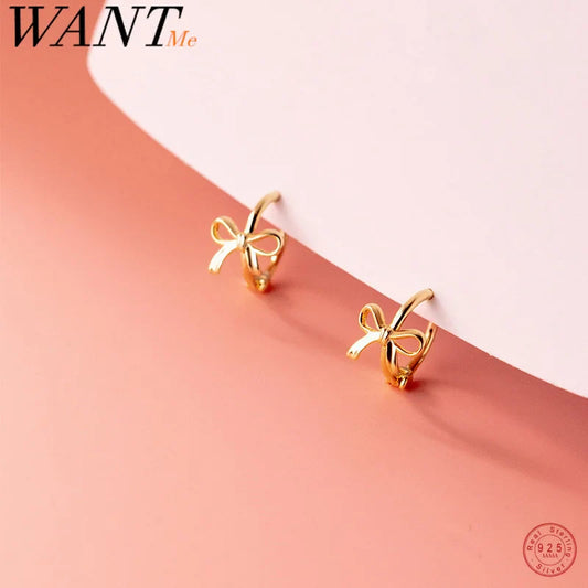 WANTME 925 Sterling Silver Fashion Simple Bow Huggies Ear Hoop Earrings for Women Cute Girl Romantic Korean Butterfly Jewelry