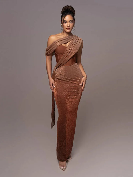 Evening Dresses: One Shoulder Draped Glitter Long Dress Women Brown
