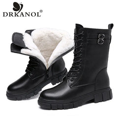 Shearling Warm Snow Boots Women Winter Thick-soled Rubber Wool Fur Mid-calf