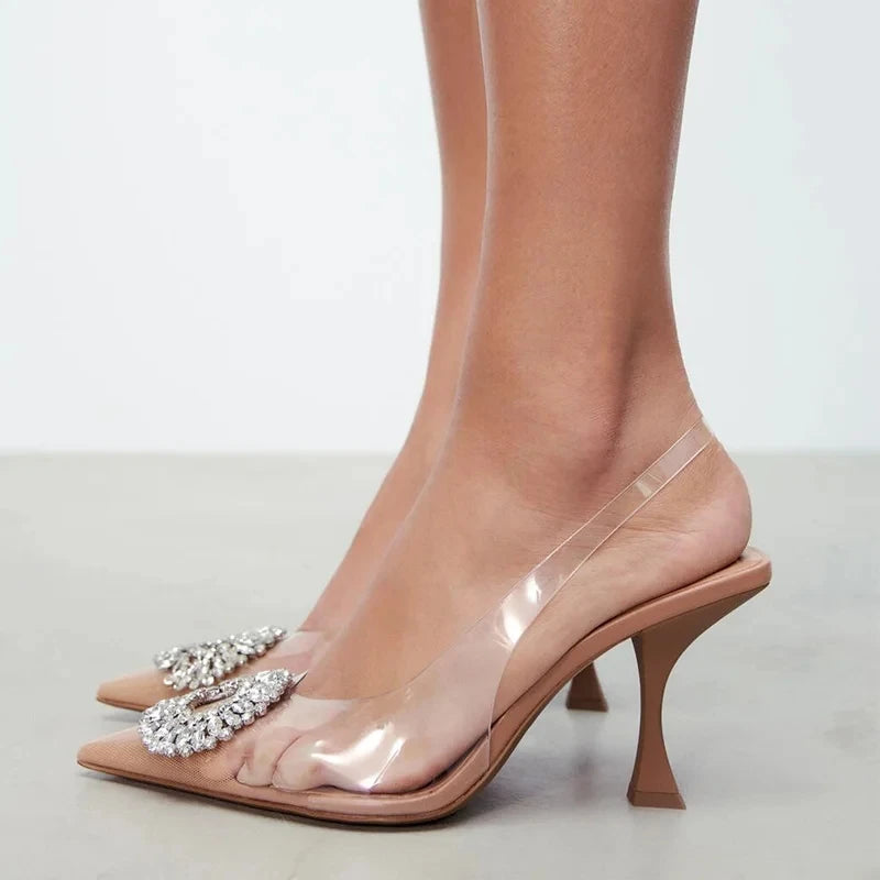 Luxury Brand Women High Heels Rhinestone Fashion Sandals 2023 Summer Transparent Shoes Ladies Pumps Slingbacks Plus Size 42