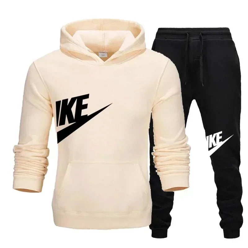 New men's casual fitness and running sportswear for autumn and winter, fashionable printed loose hooded pullover + long pants se