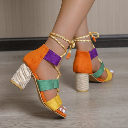 2022 New Trend Summer Chunky Shoes Fashion Women High Heels Sandals Designer Weave Ankle Lace Slides Sexy Open Toe Female Pumps