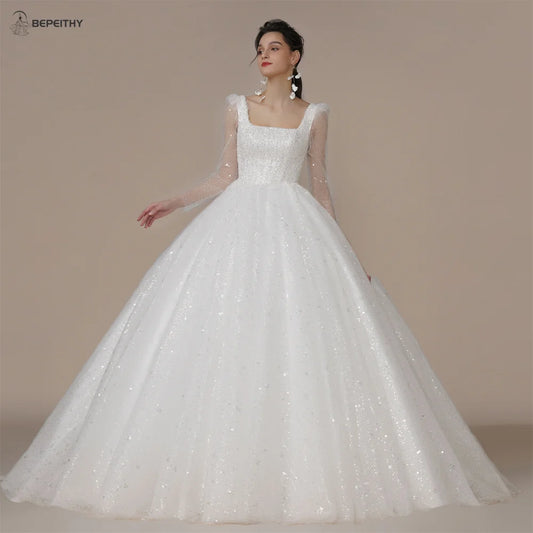 Wedding Dresses For Women Long Sleeves Glitter Open Back Bridal Modern