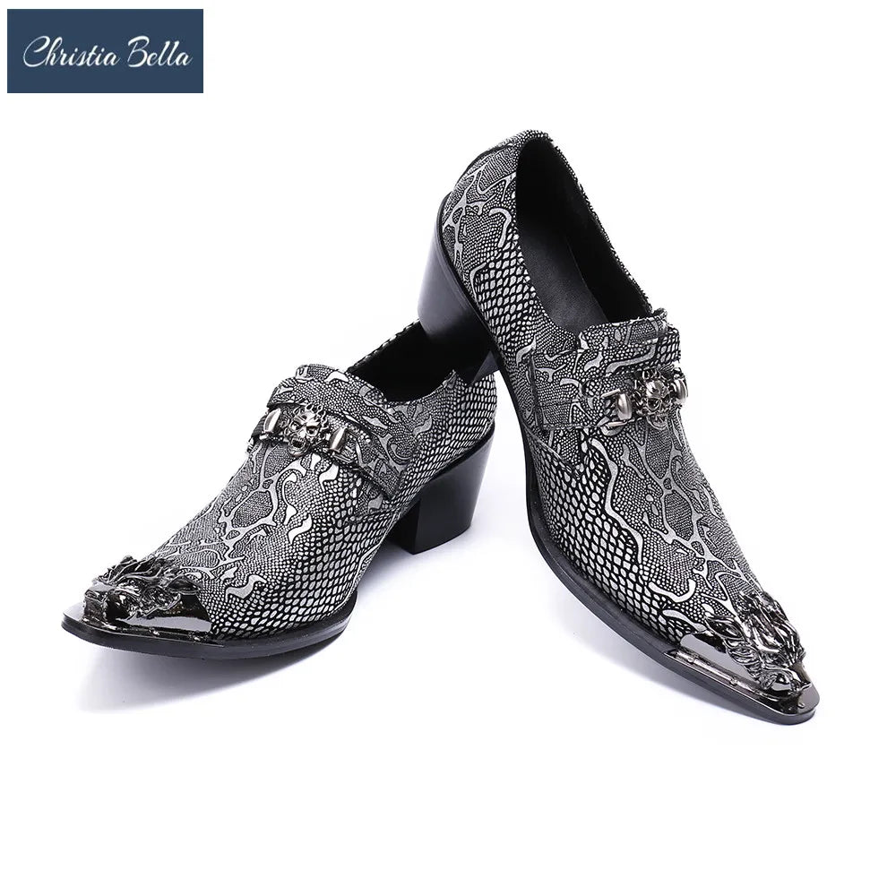 Christia Bella Italian Style Metal Pointed Toe High Heels Men Business Formal Shoes Genuine Leather Men Party Dress Oxford Shoes