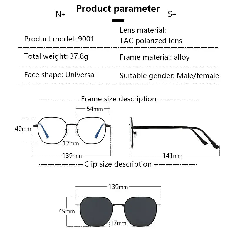 Sunglasses Men Women 3 In 1 Magnetic Clip On Glasses Hexagon Alloy Frame