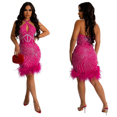 Black Nude Mesh Feather Rhinestone Short Prom Dresses