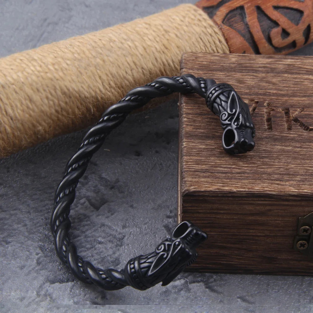 Stainless Steel Nordic Viking Norse Dragon Bracelet Men Wristband Cuff Bracelets with Viking Wooden Box