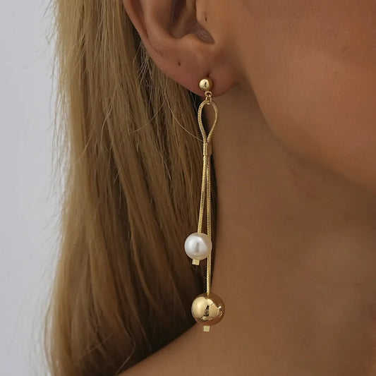 Pearl Long Tassel Drop Dangle Earrings for Women Luxury Gold Color Stainless Steel Ball Stud Jewelry