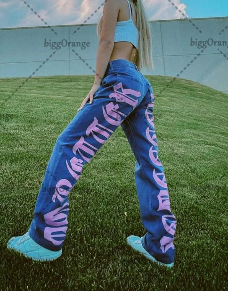 Y2K Baggy Jeans Women Retro Letters Printed High Waist Jeans Hip Hop Punk