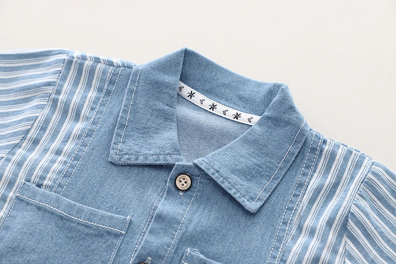 Summer Infant Boys Denim Clothing Set Fashion Striped Shirt And Shorts 2-Piece Tracksuit Casual Outfit for Children
