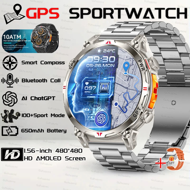 2025New Military GPS Sport Smartwatch Men 650mAh AMOLED Screen Compass Altimeter 10ATM Waterproof Heart Rate Wireless Call Clock