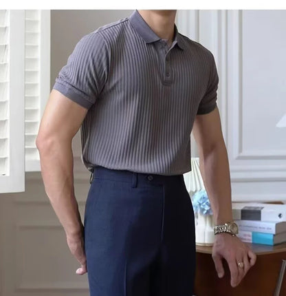 Vertical Stripe Knit Polo Men's Shirts Summer New Slim Solid Color Breathable Turn-Down Collar Business Short Sleeve Polo Tops