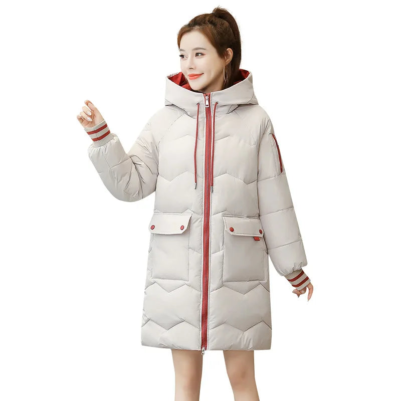 Women Winter Coat Mid-length Cotton Padded Parkas Hooded Warm Thicken