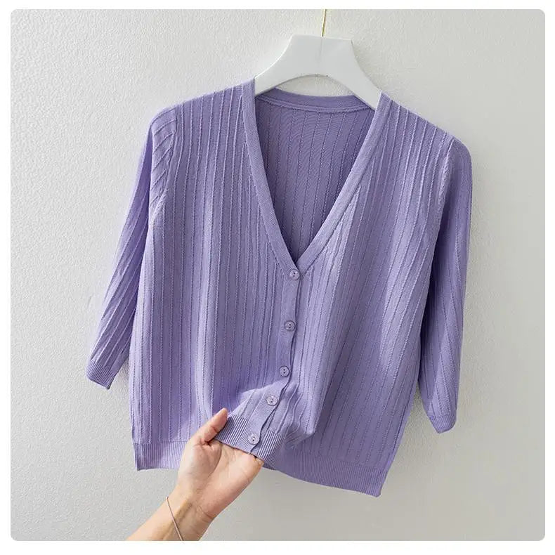 Fashion Women Solid Knitted Sweaters Coats Spring Summer Half Sleeve V-neck