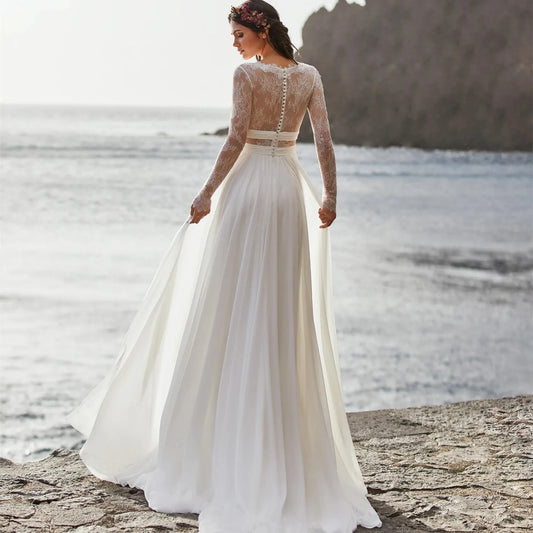 Wedding Dresses A-Line V-Neck Bridal Gowns Long Sleeves Chiffon