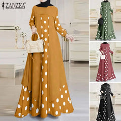 Elegant O-Neck Long Sleeve Muslim Sundress Women Polka Dots Printed Dress