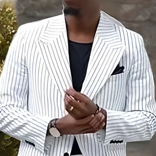 Mens Beach Wedding attire: Men Stripe Suit with Pant Business Leisure Groomsman