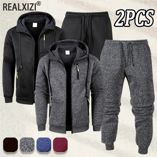 New Men's Casual Sportswear Autumn Solid Color Daily Sweatshirts Sweatpants Jogging Tracksuit Zipper Hooded Jacket and Pants Set