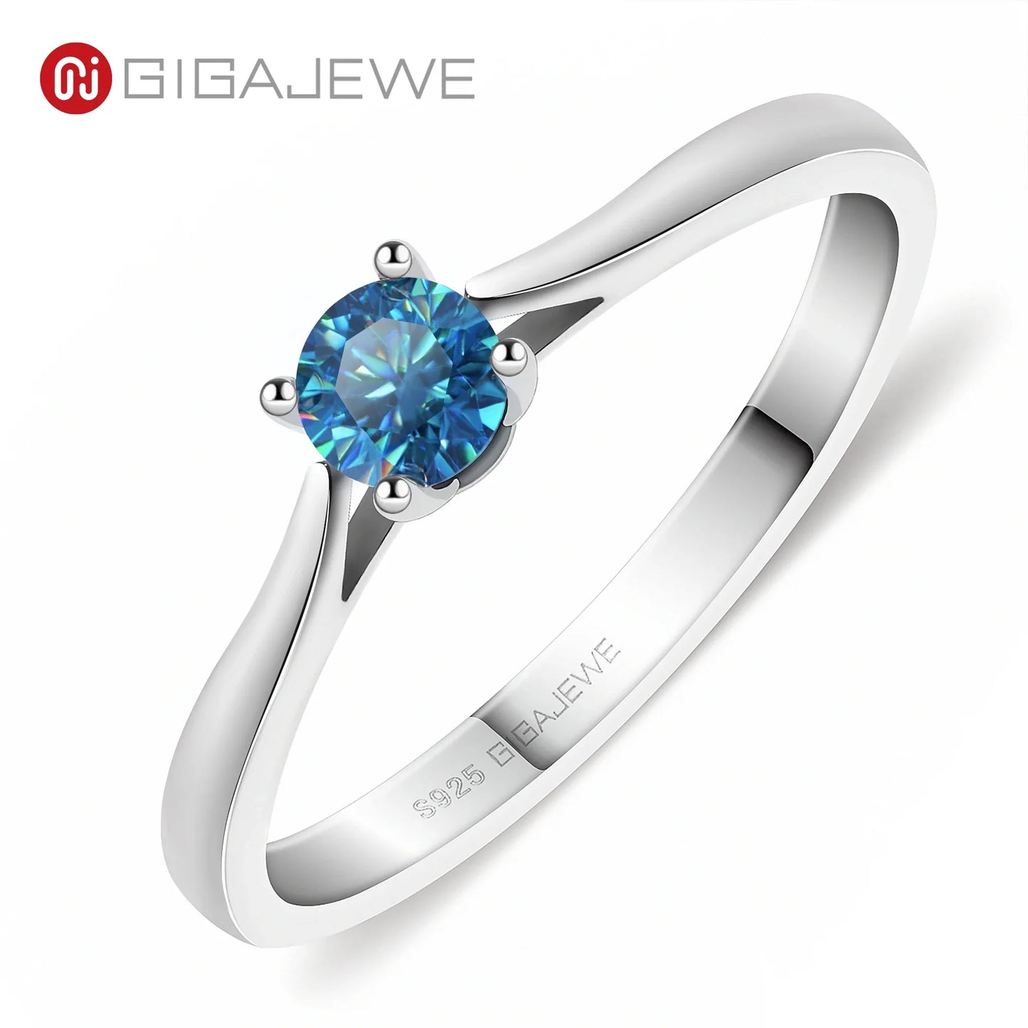 GIGAJEWE Moissanite 0.3ct 4mm Round Cut Blue/Pink/white 925 Silver Ring Diamond Test Passed Fashion Claw Setting Woman Girl Gift