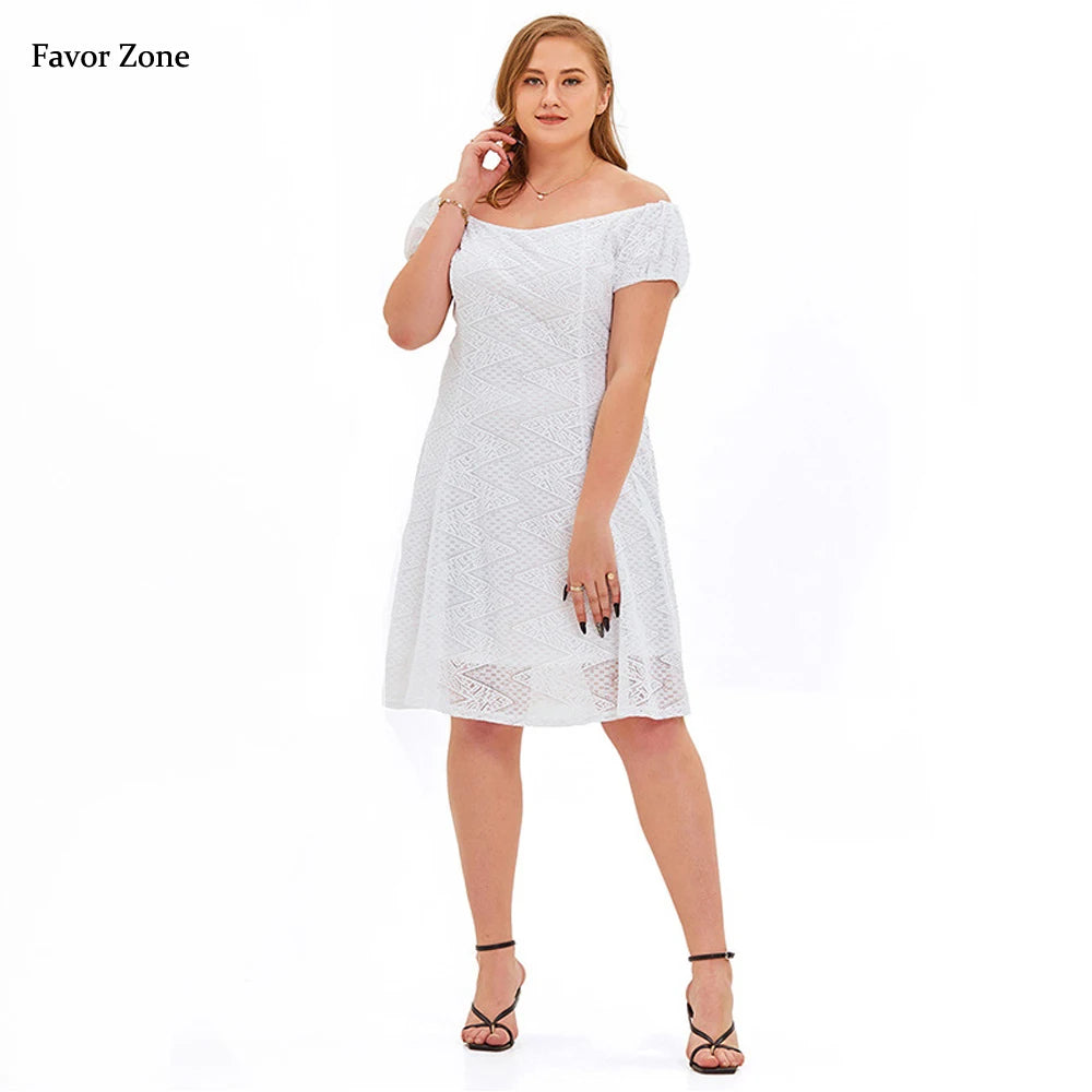 2022 Summer Plus Size Sweet Elegant Lace Evening Dresss Women Slash Neck Slim Off Shoulder Sexy White Wedding Prom Midi Dresses