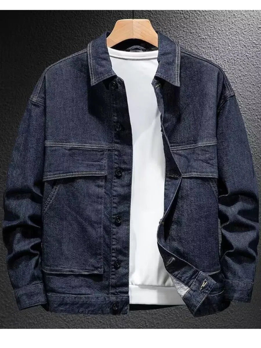 Large Pockets Men Jean Coats Cargo Biker Denim Jacket Motorcycle Spring Autumn