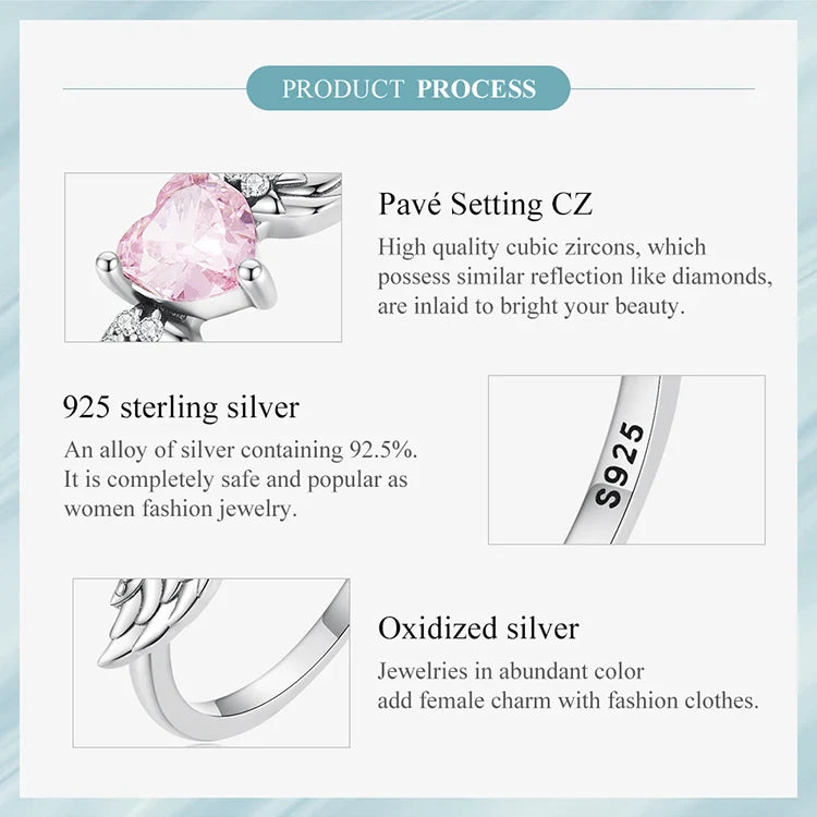 BAMOER 925 Sterling Silver Angel Wing Ring for Women Retro Feather Pink Heart Zircon Eternity Band Ring Anniversary Jewelry Gift