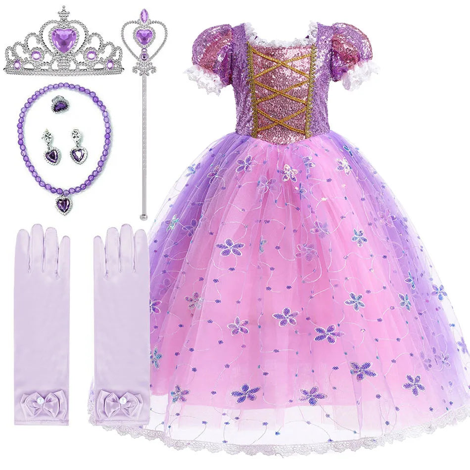 Children Halloween Costume Little Girls Rapunzel Costume Sequins Purple Dress