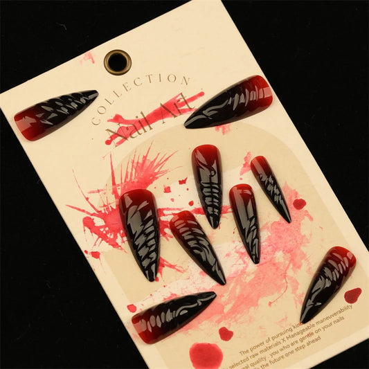 24Pcs Halloween Blood Press on Nails Set Long Coffin Glossy Acrylic Nail Tips Full Cover