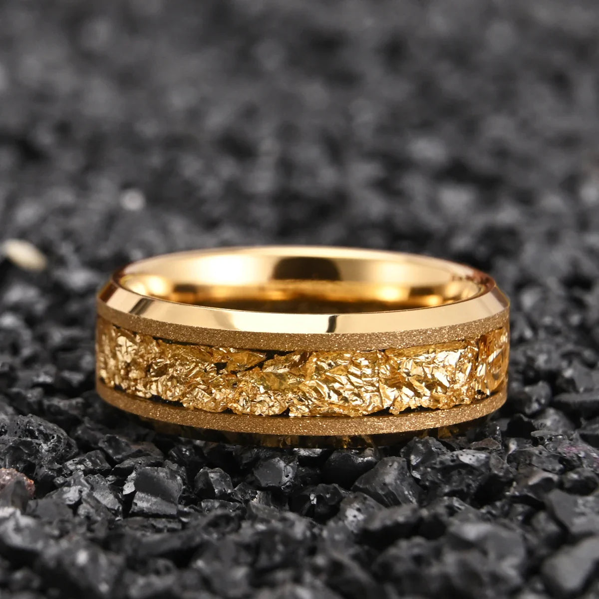 Golden Tungsten Carbide Ring 8mm/6mm Frosted Golden Leaf Men's Engagement Ring Novelty Style for Wedding Daily Wear