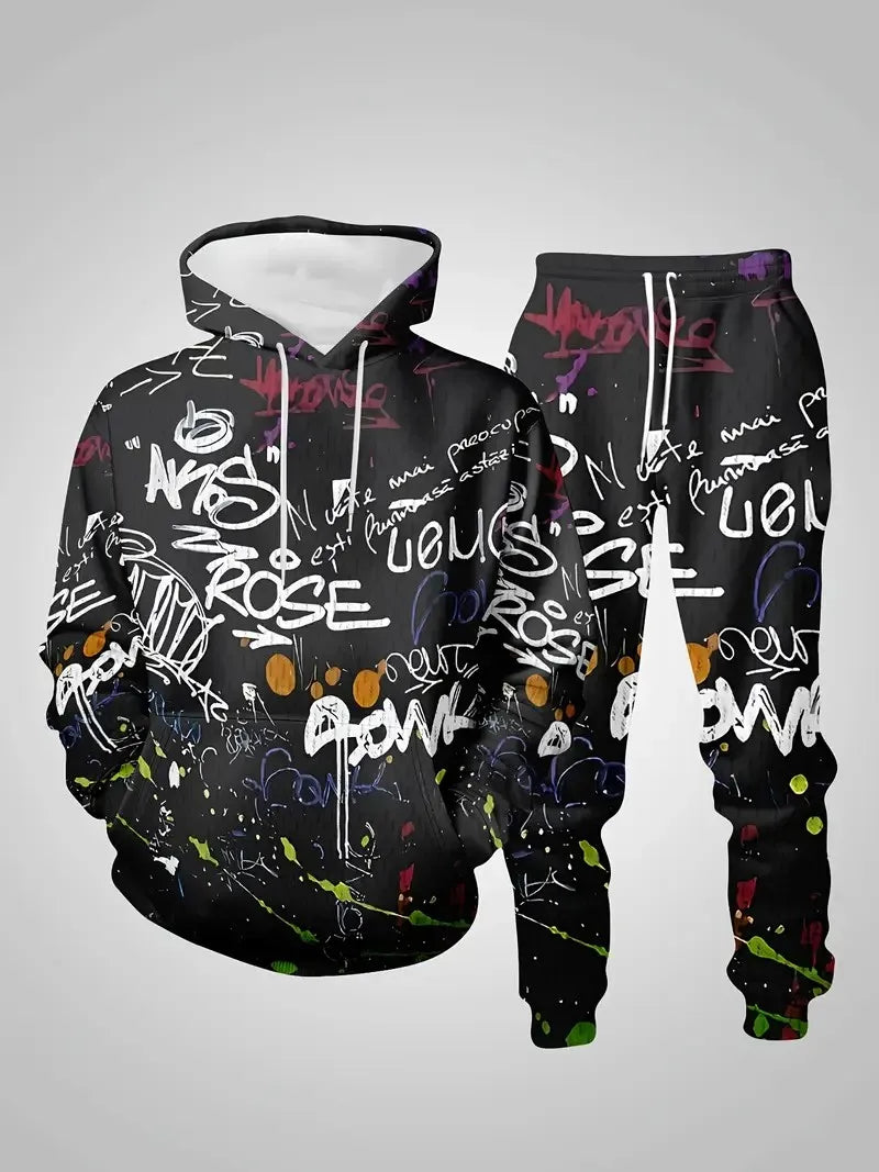 The new men's hoodie set for Spring and Autumn 2025 features a casual fashionable and comfortable 3D graffiti pattern print