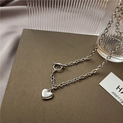 Punk Thick Lock Chain Heart Shape Pendant Choker Necklace for Women Retro Silver