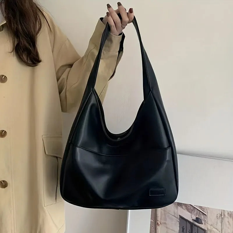 Women Hobo Bag Simple PU Leather Solid Shoulder Bag Fashion