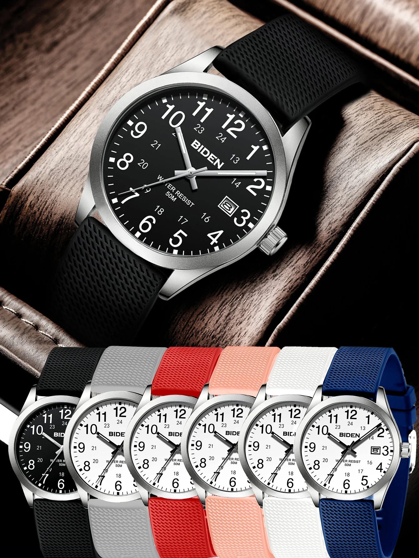 BIDEN Men's Watch Simulated Quartz Sports Men's and Women's Watch 30 Waterproof Second Hand Luminous Easy to Read Dial