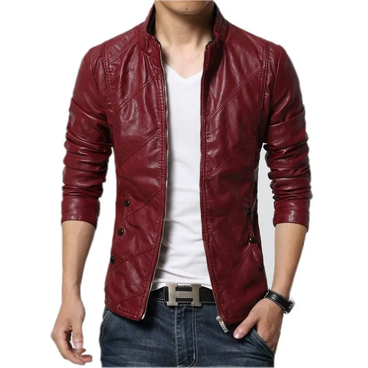 Mens Fashion Leather Jacket Men's Collar Slim Biker Jacket