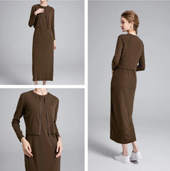 woman clothes zipper cardigan and Ankle Maxi Length long dress nature fiber