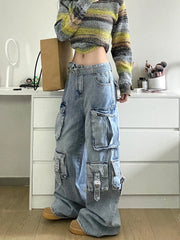 Ladies Cargo Jeans American Street Style Baggy Cargo Pants Women Blue