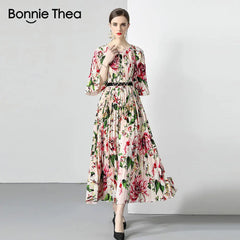 Pleated Long Dress Women O-Neck Lace-up Belt Print Loose Large Size Vintage Party