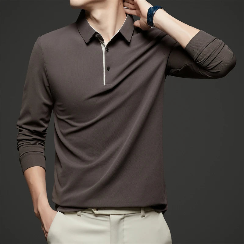 New Men's Business Casual  Long Sleeve Solid Color Polo Shirt Fashionable Warm Comfortable Four Seasons Versatile Top