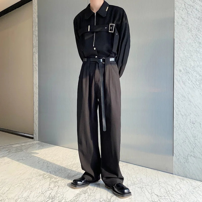 Belt Design Straight Casual Pant Men Fashion Show vintage Long Wide Leg Suit Pants