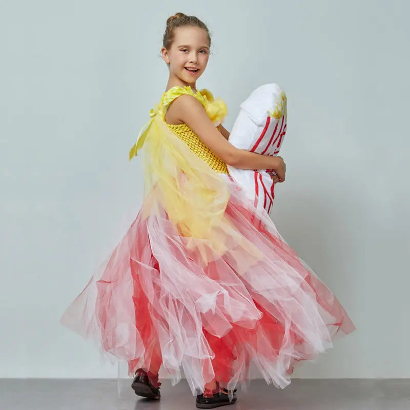 Festive Popcorn Costume For Teen Girl Lace TUTU Dress Christmas Child Up Sling