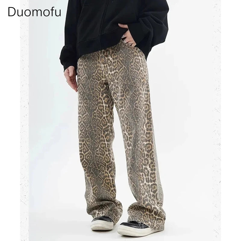 Vintage Leopard Print Jeans Women Casual Hip Pop Wide Leg Trousers
