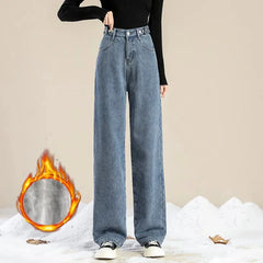 Winter Thicken Plush Lined Wide Leg Jeans Women High Waist Warm Straight Jeansy