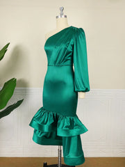 Vintage Green Dresses One Shoulder Long Sleeve Folds Irregular Trumpet Satin Dress Elegant Women Shiny Party Event Gowns 4XL