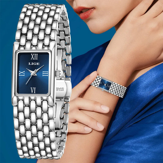 LIGE Silver Watch for Women Square Ladies Quartz Wristwatches Stainless Steel Women Small Gold Watch Luxury Casual Fashion Watch