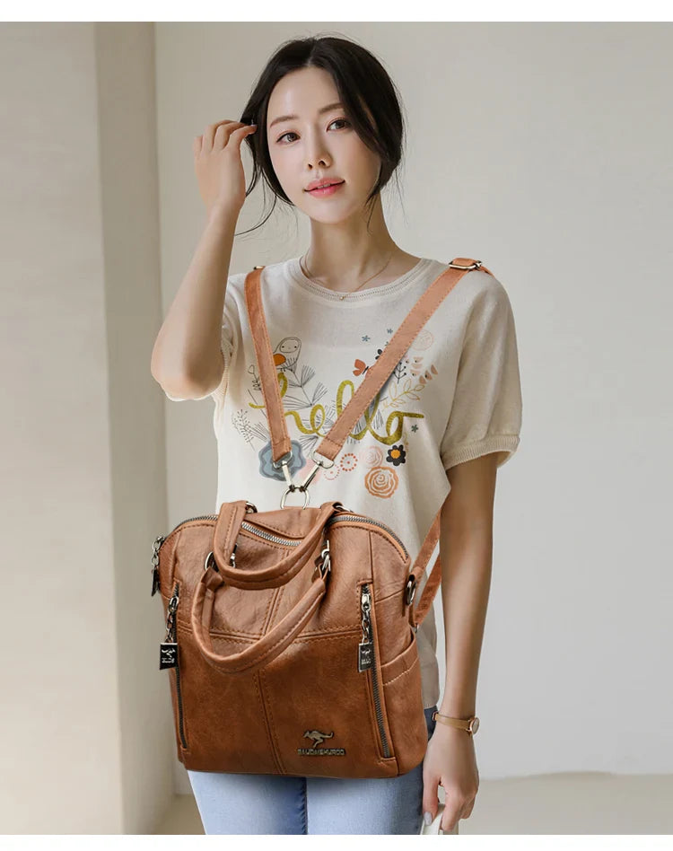 Hot Sale High Quality Leather Backpack Women Shoulder Bags Multifunction Travel Backpack School Bags for Girls Bagpack Mochila